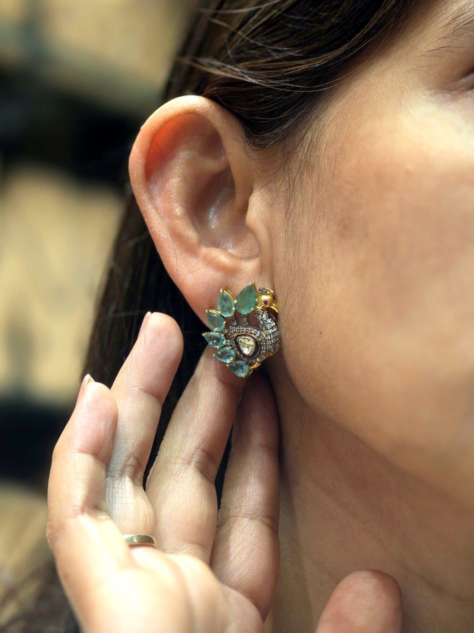 EMERALD POLKI RUBY DIAMOND EARRING IN VICTORIAN