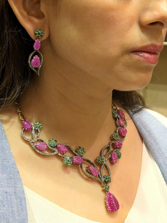 EMERALD RUBY DIAMOND NECKLACE IN VICTORIAN