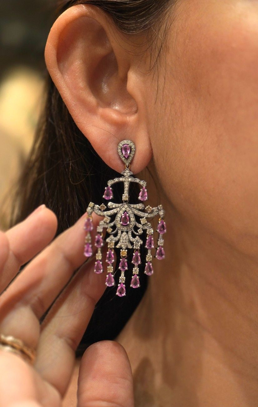 Victorian Pink Sapp. & Diamond Ear Ring