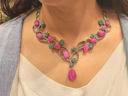 EMERALD RUBY DIAMOND NECKLACE IN VICTORIAN
