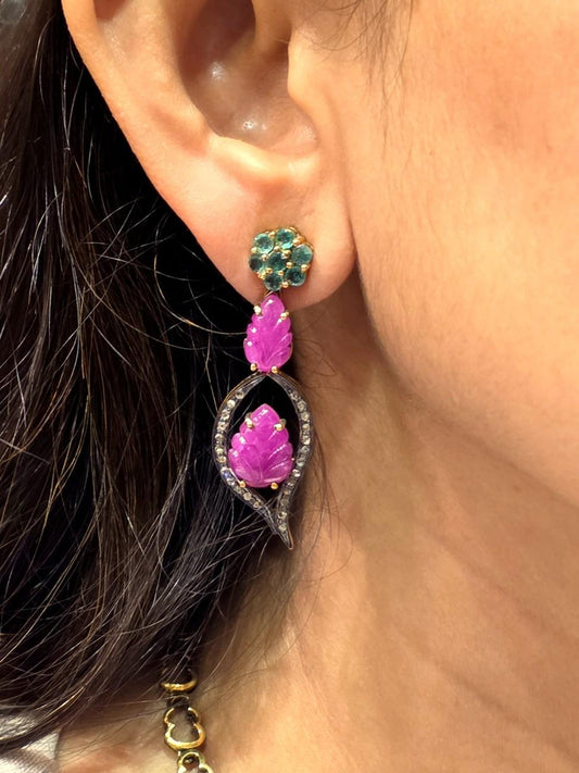 EMERALD RUBY DIAMOND EARRING IN VICTORIAN