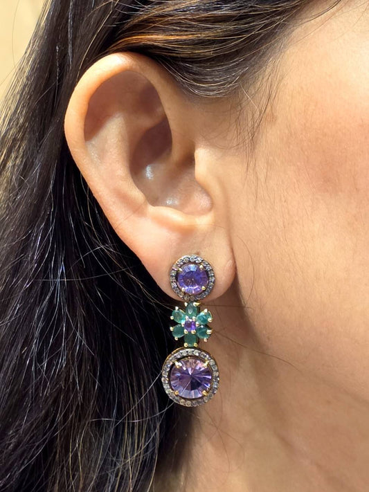 AMETHYST EMERALD DIAMOND EARRING IN VICTORIAN