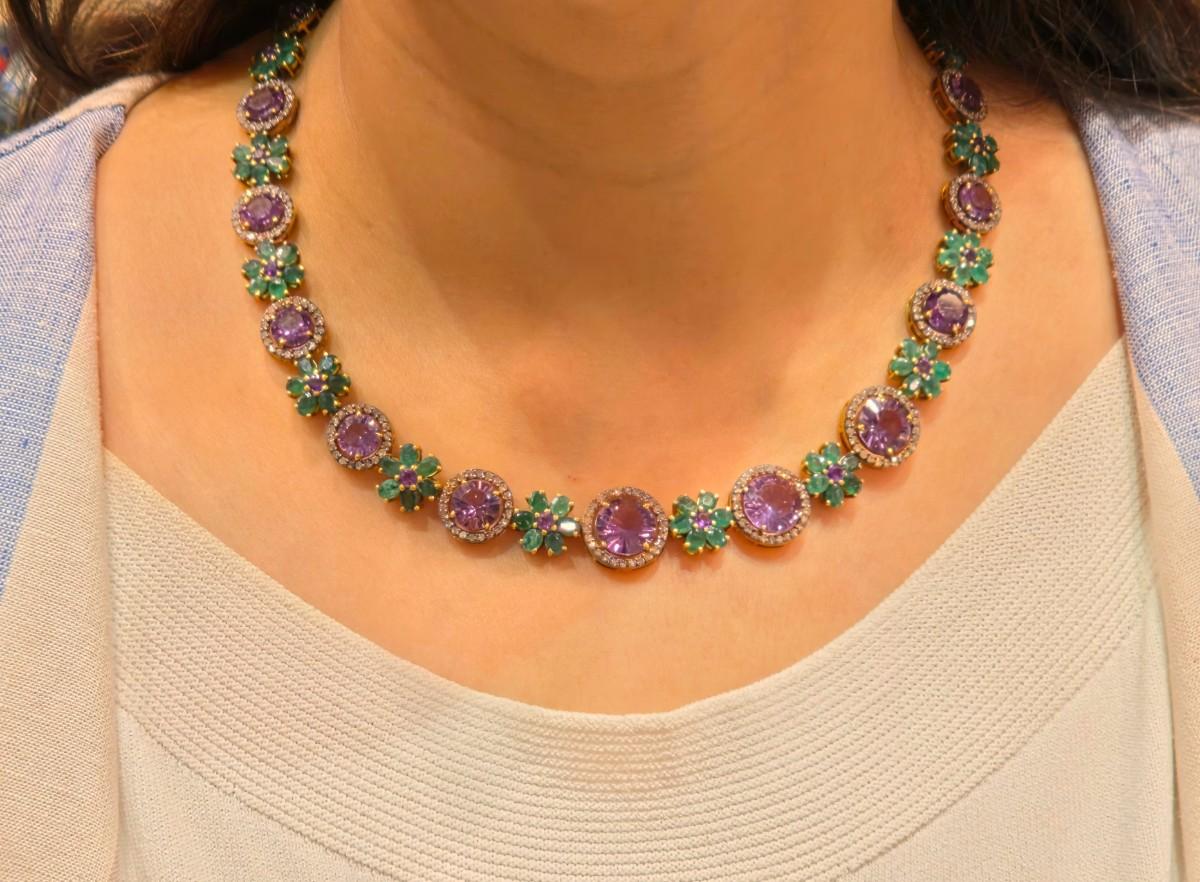 AMETHYST DIAMOND EMERALD NECKLACE IN VICTORIAN