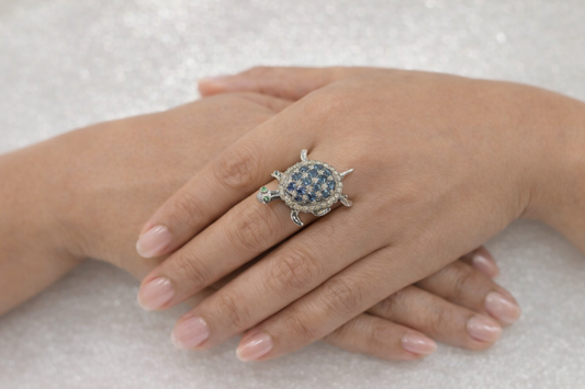 Blue Sapphire Diamond Turtle Ring