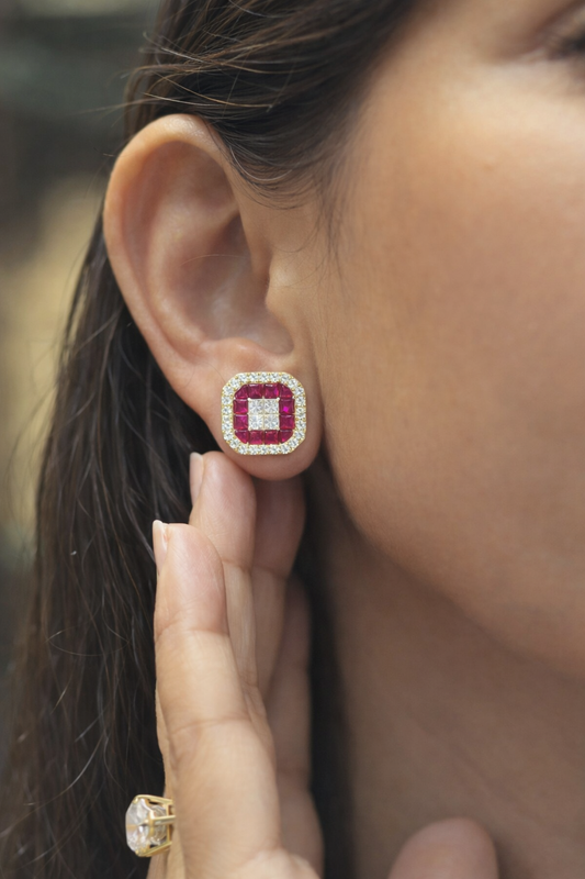 Ruby & Diamond Halo Stud Earrings
