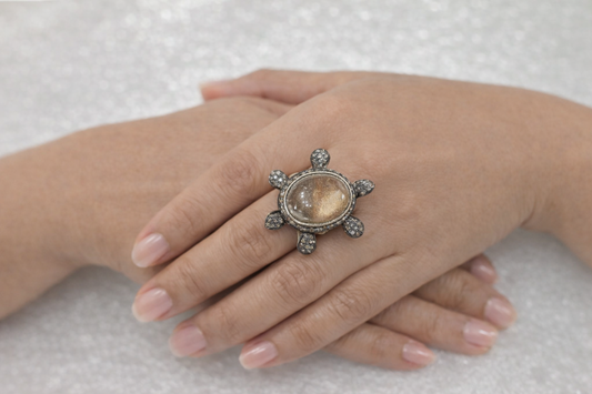 Chalcedony & Diamond Turtle Ring