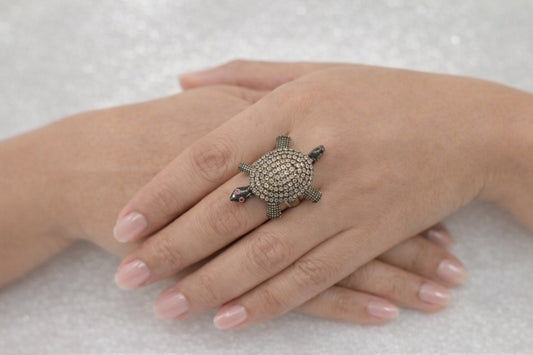 Diamond Turtle Ring with Ruby Eyes