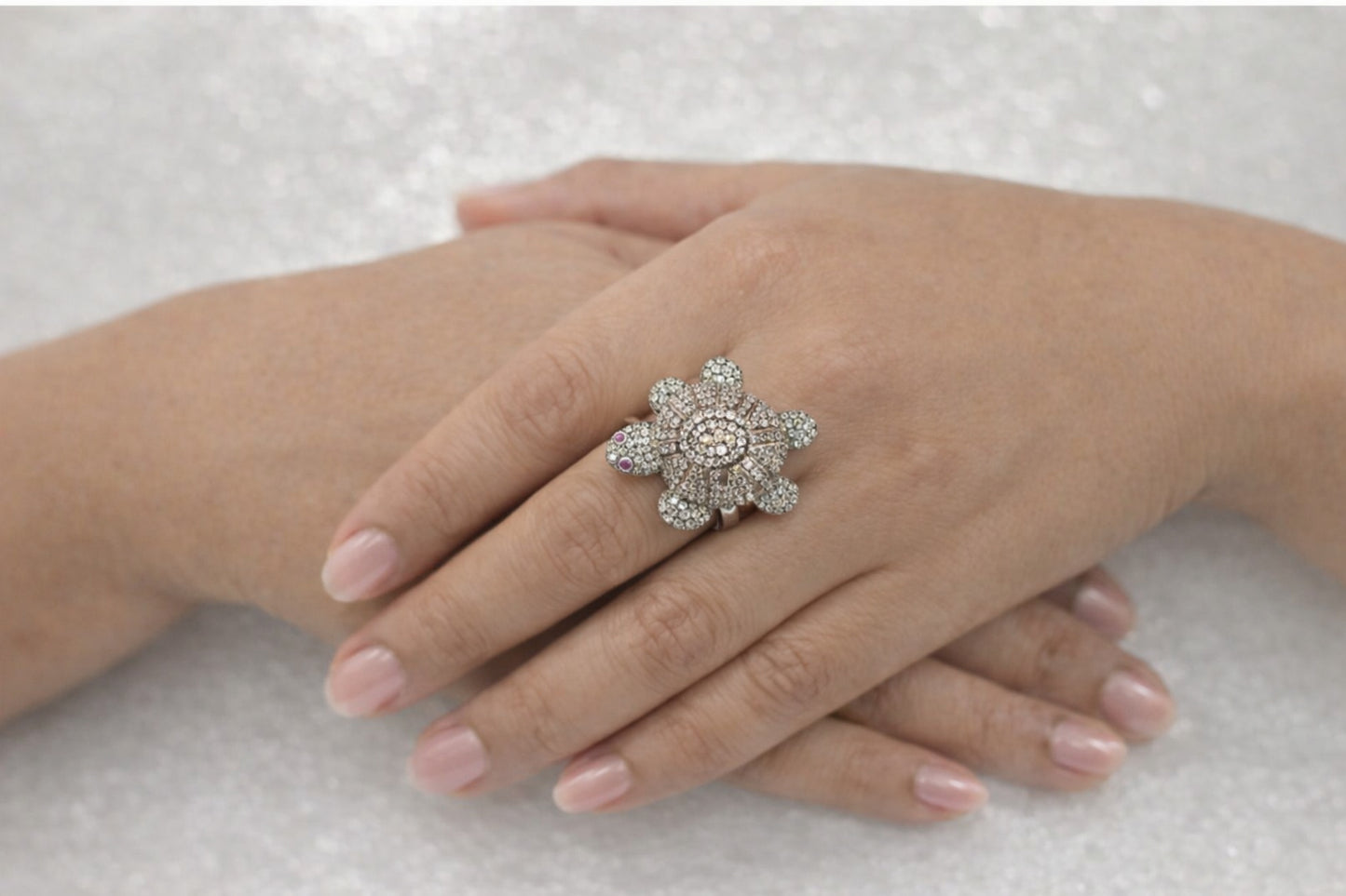 Diamond Turtle Ring with Ruby Eyes