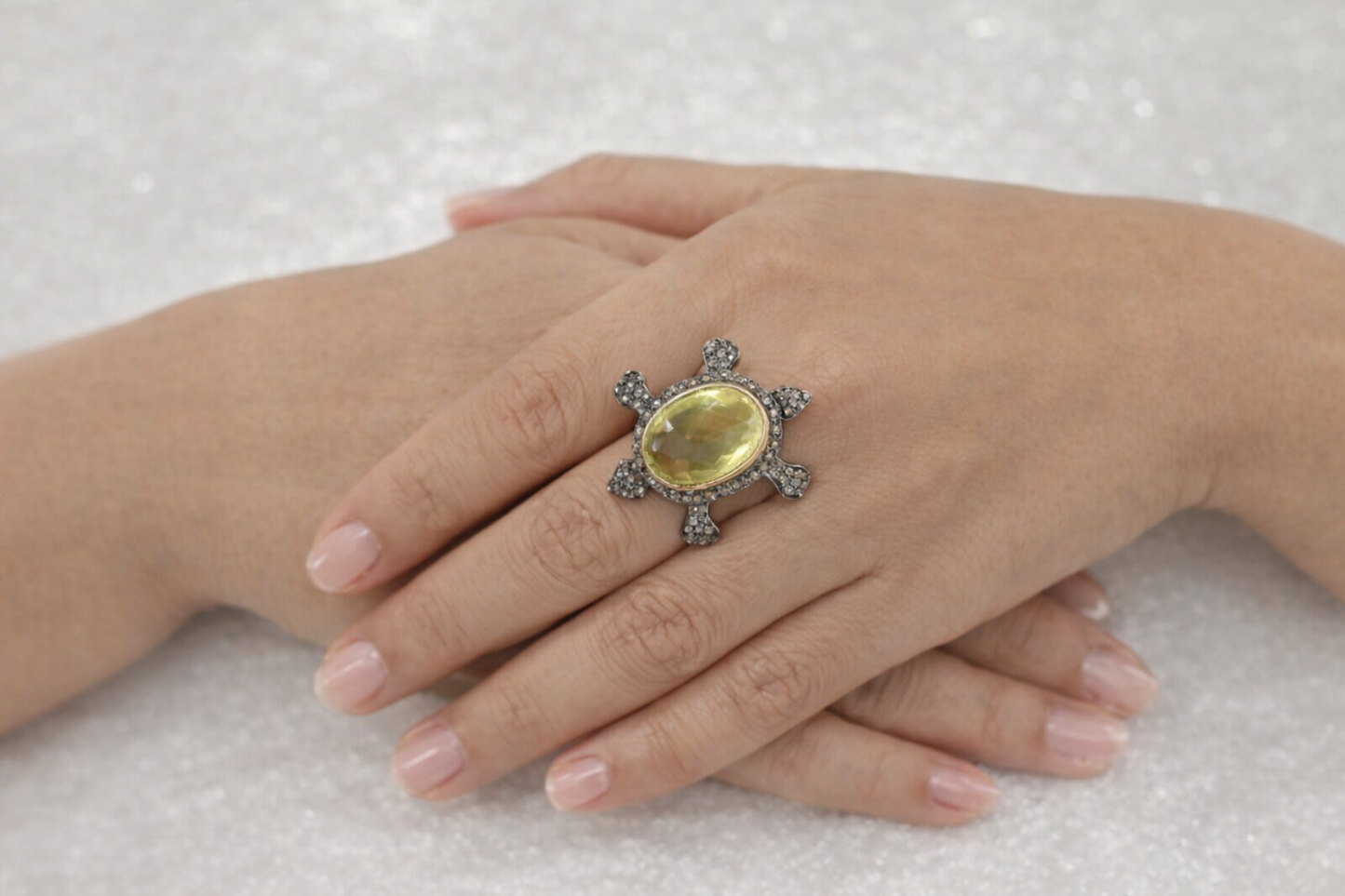 Turtle Lemon Topaz Victorian Diamond Ring